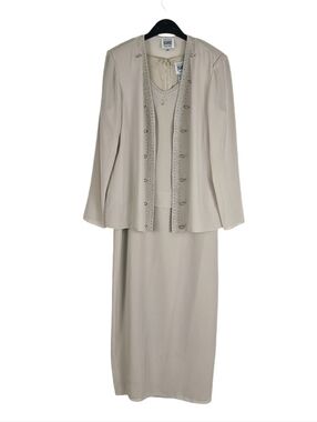 RM Richards Formal Maxi Dress Jacket Beige Womens 10 Chiffon Beaded Wedding